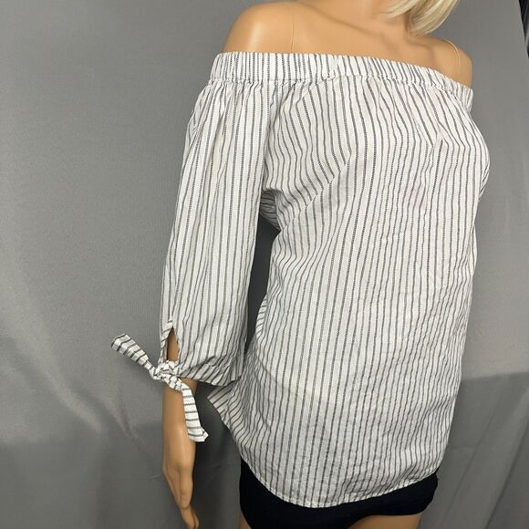 Per Se Womens Blouse Medium White Black Striped 3/4 Sleeve Off Shoulder Tunic - Picture 2 of 6